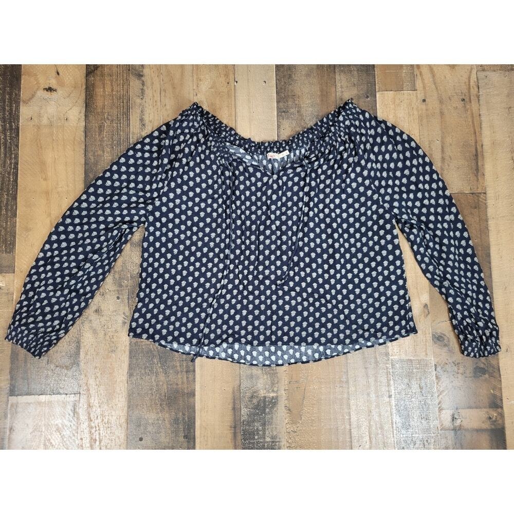 Faherty Emery Boho Western Blouse Top Navy Blue‎ Lotus Flower Floral Womens XS